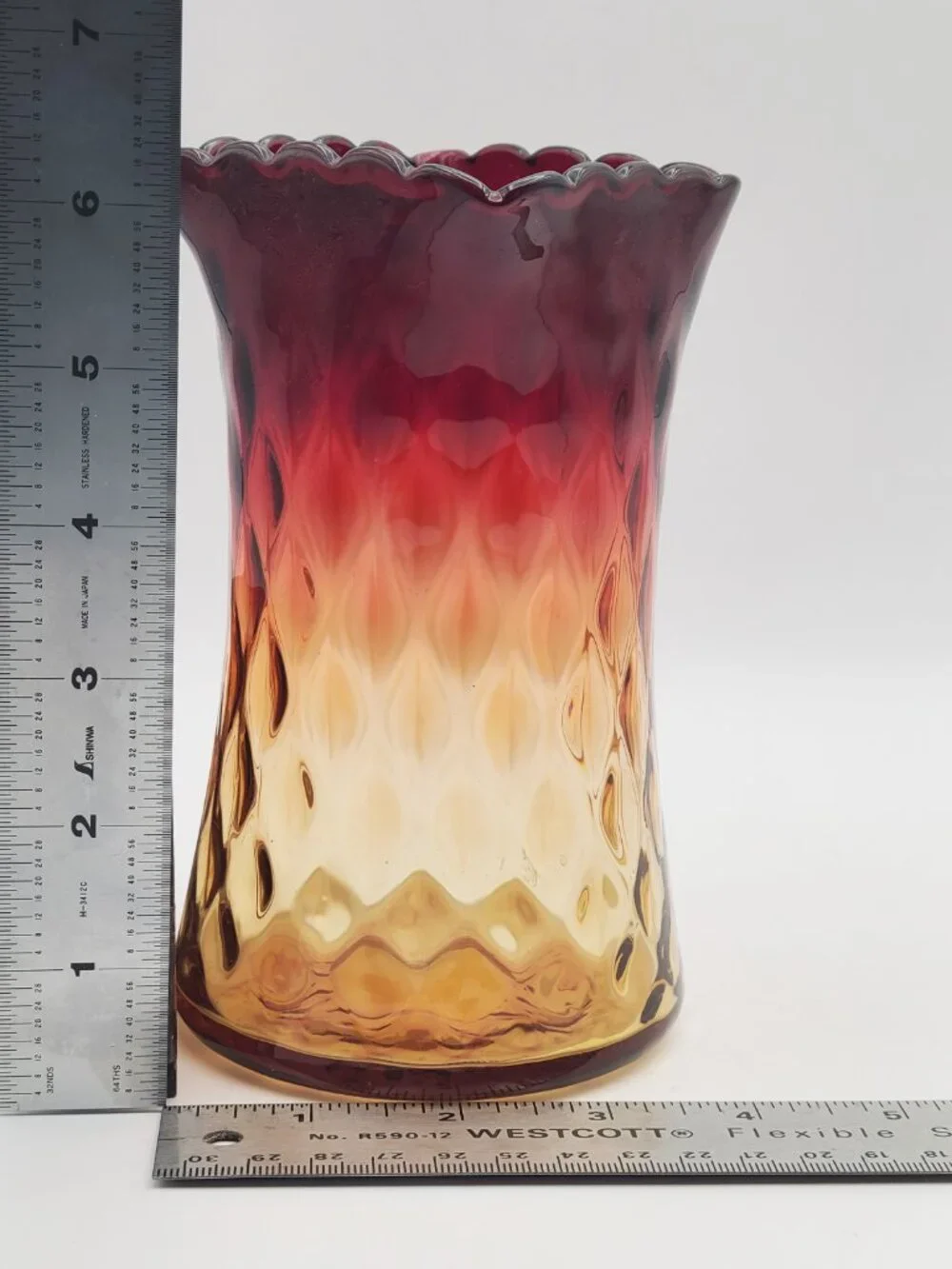 Antique New England Glass Amberina Diamond Optic Celery Vase Square Top 6.25
